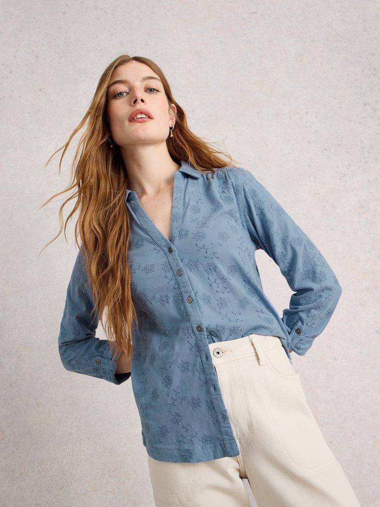 ANNIE BRODERIE JERSEY SHIRT in MID BLUE - LIFESTYLE