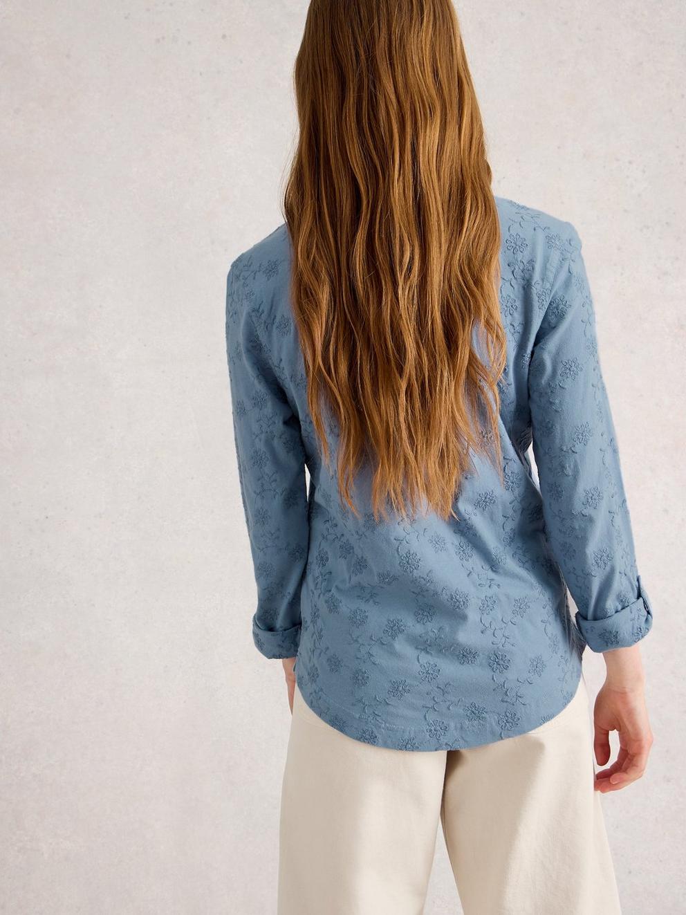 ANNIE BRODERIE JERSEY SHIRT in MID BLUE - MODEL BACK