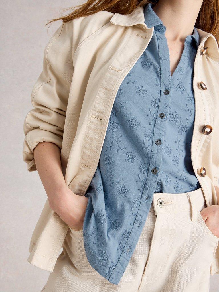 ANNIE BRODERIE JERSEY SHIRT in MID BLUE - MODEL DETAIL