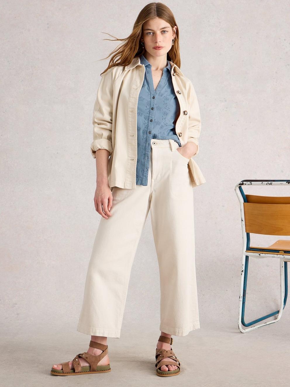 ANNIE BRODERIE JERSEY SHIRT in MID BLUE - MODEL FRONT