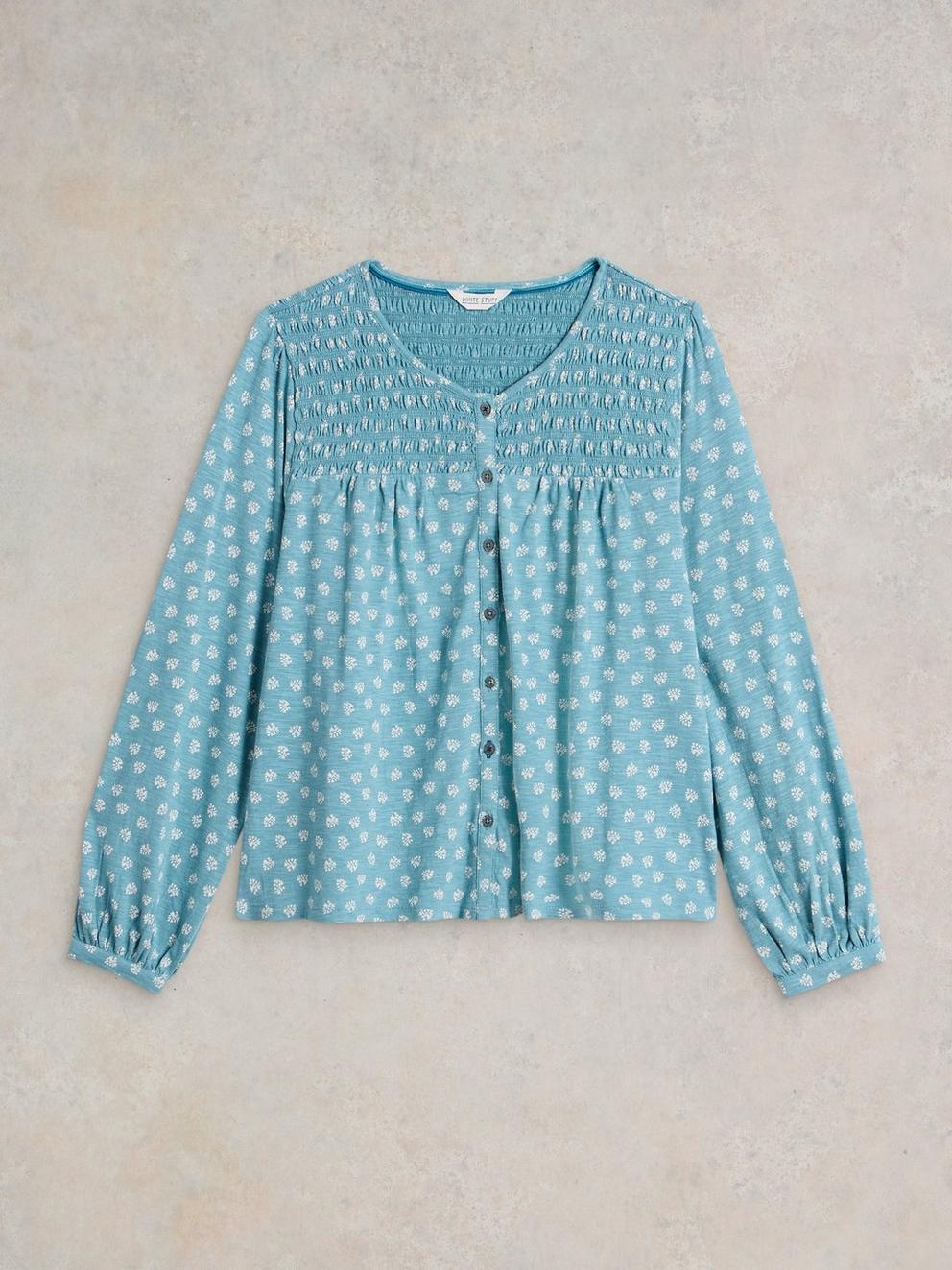 DANIELLA SHIRRED CREW NECK TOP in BLUE PR - FLAT FRONT