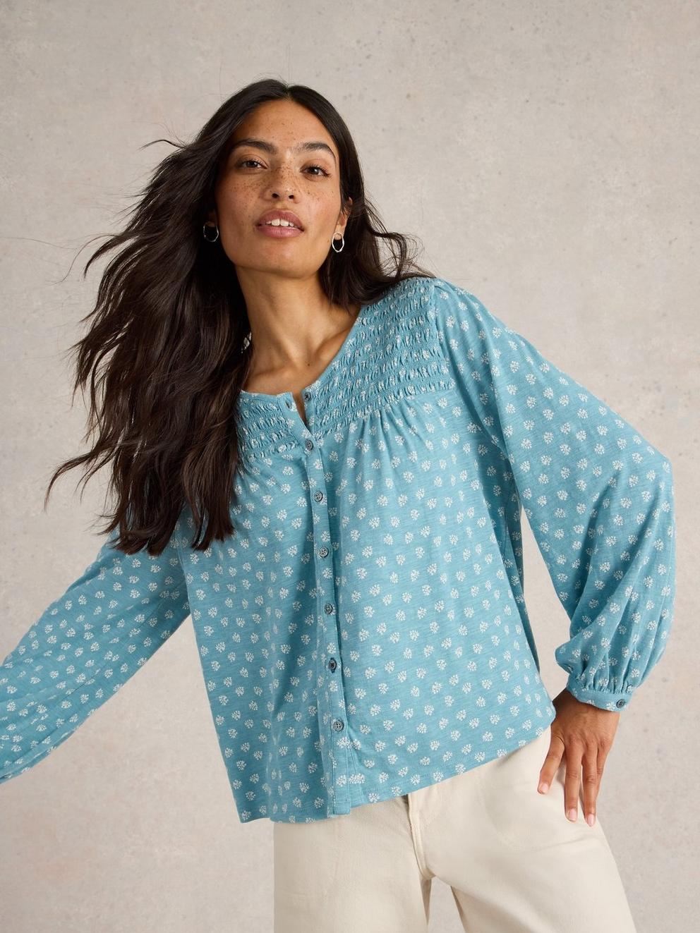 DANIELLA SHIRRED CREW NECK TOP in BLUE PR - MODEL DETAIL