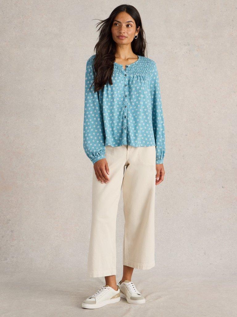 DANIELLA SHIRRED CREW NECK TOP in BLUE PR - MODEL FRONT
