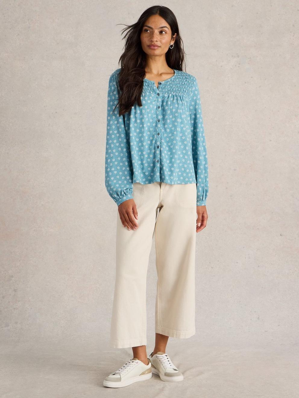 DANIELLA SHIRRED CREW NECK TOP in BLUE PR - MODEL FRONT