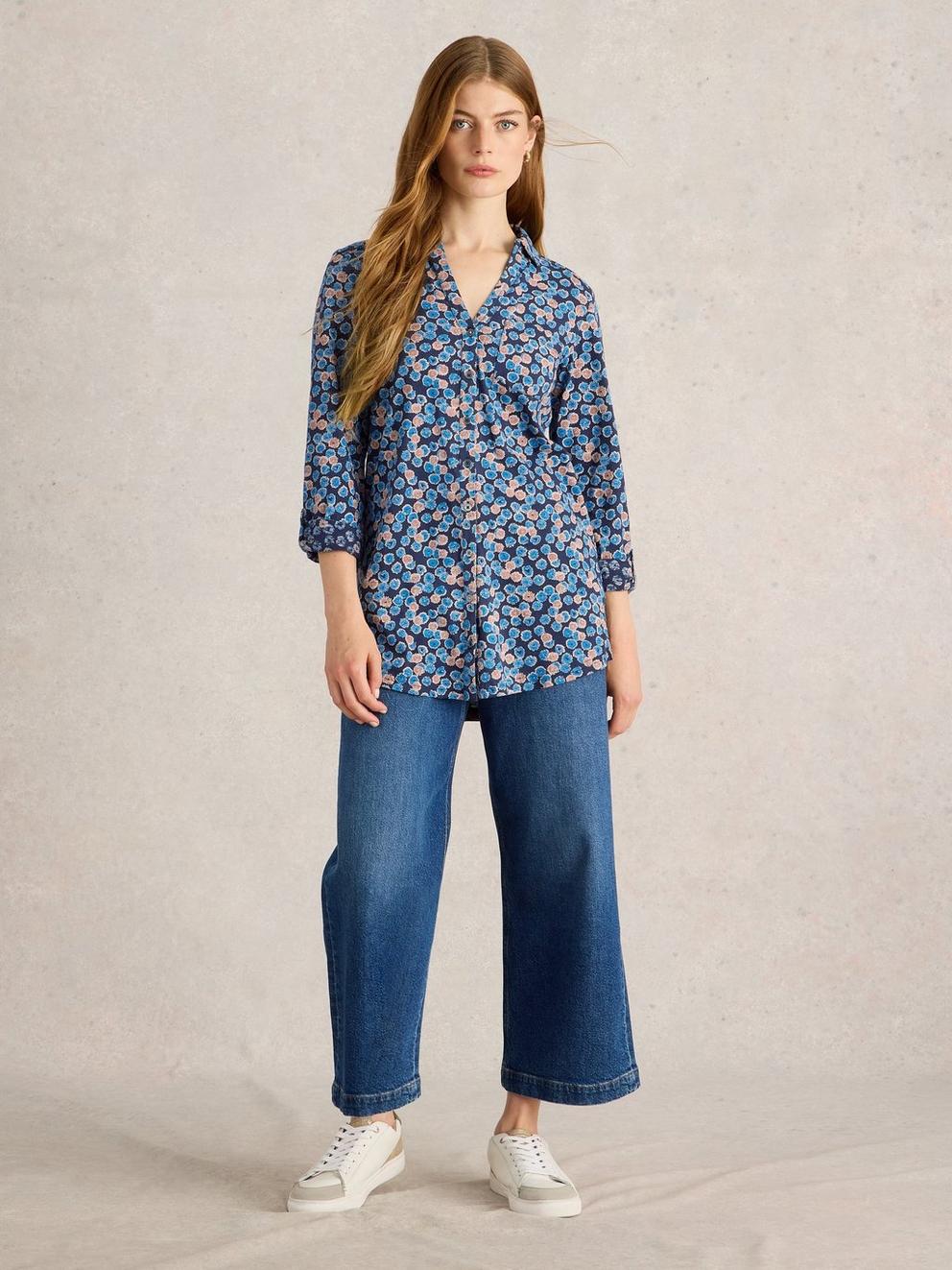 ANNIE COLLARED LONGLINE SHIRT in BLUE PR - MODEL FRONT