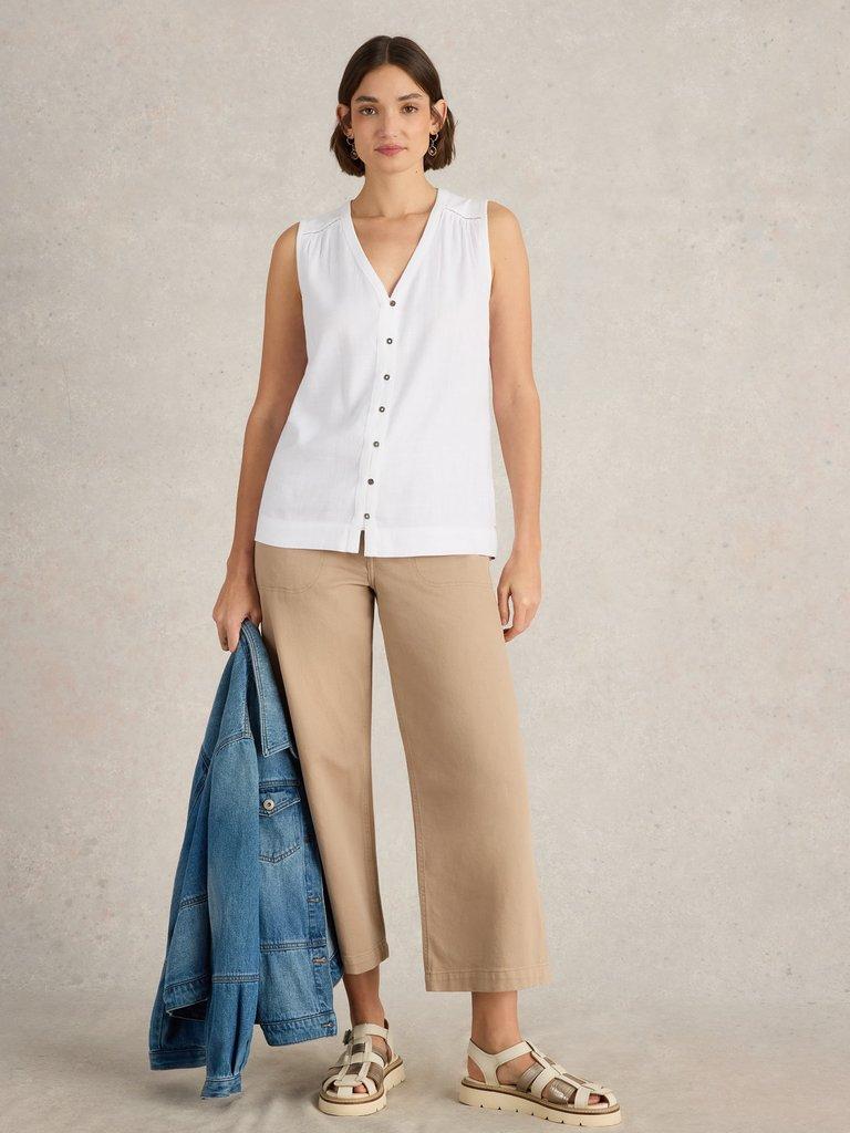 DELILAH LINEN BLEND BUTTON TOP in BRIL WHITE - MODEL FRONT