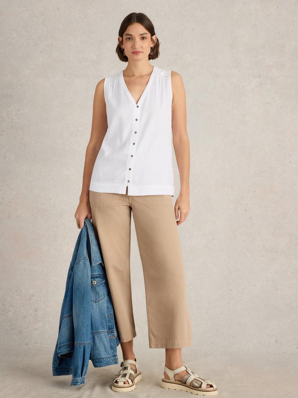 DELILAH LINEN BLEND BUTTON TOP in BRIL WHITE - MODEL FRONT