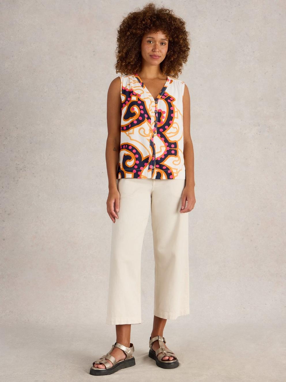 DELILAH LINEN BLEND BUTTON TOP in IVORY PR - MODEL FRONT