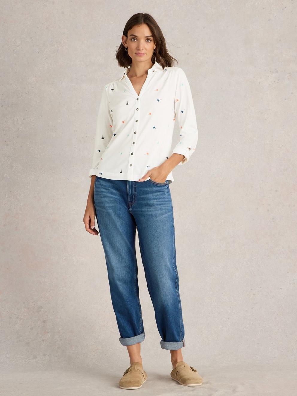 EMBROIDERED ANNIE JERSEY SHIRT in IVORY MLT - MODEL FRONT