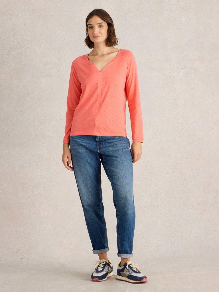 NELLY NEP LS TEE in MID CORAL - MODEL FRONT