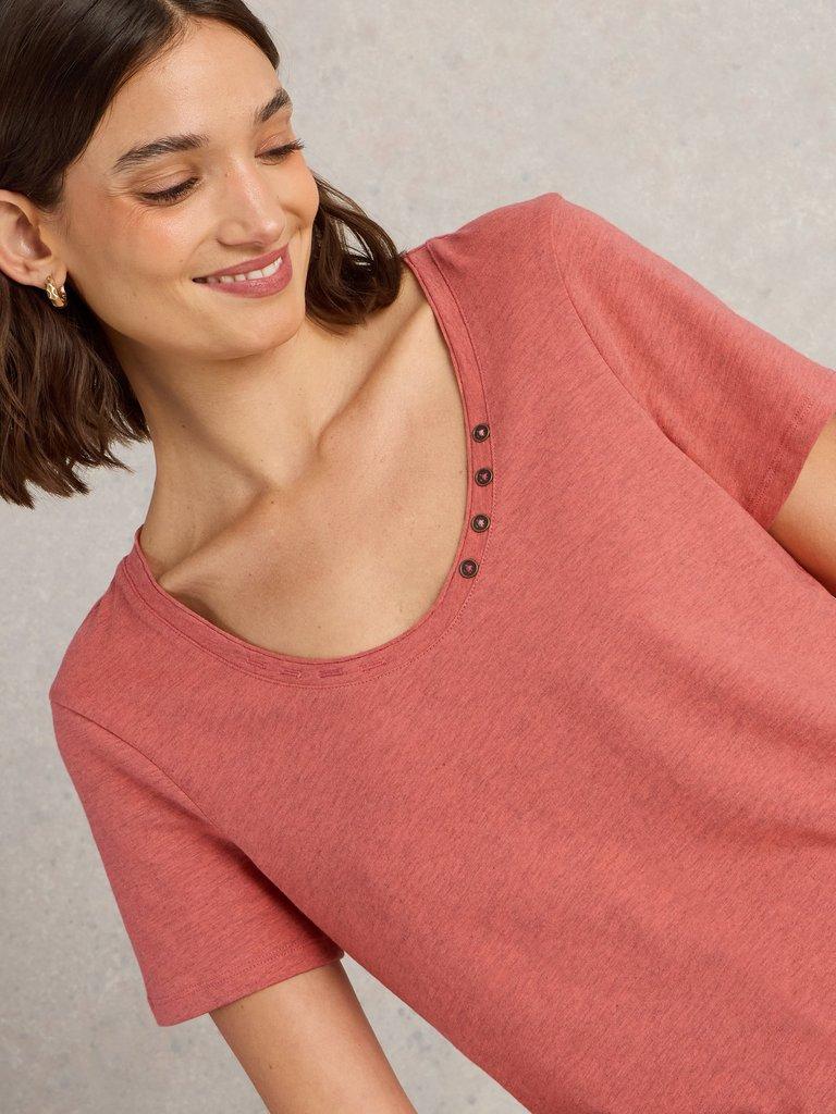 NADIA SHORT SLEEVE TSHIRT in MID CORAL - MODEL DETAIL