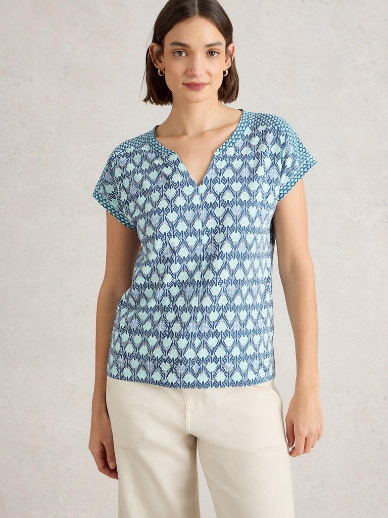 NELLY NOTCH NECK SHORT SLEEVE TEE in NAVY MULTI - MODEL DETAIL