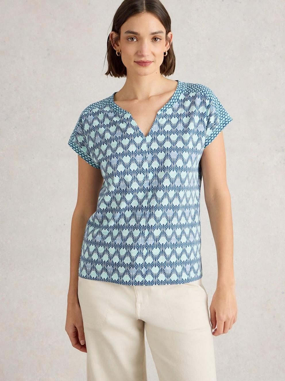 NELLY NOTCH NECK SHORT SLEEVE TEE in NAVY MULTI - MODEL DETAIL