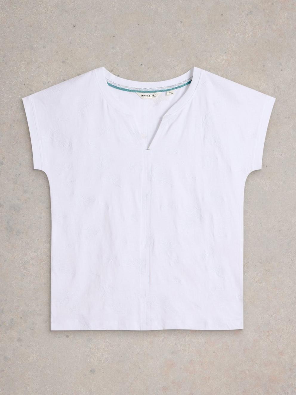 NELLY EMBROIDERED NOTCH NECK TEE in BRIL WHITE - FLAT FRONT