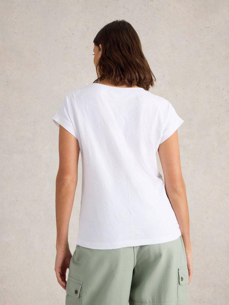 NELLY EMBROIDERED NOTCH NECK TEE in BRIL WHITE - MODEL BACK