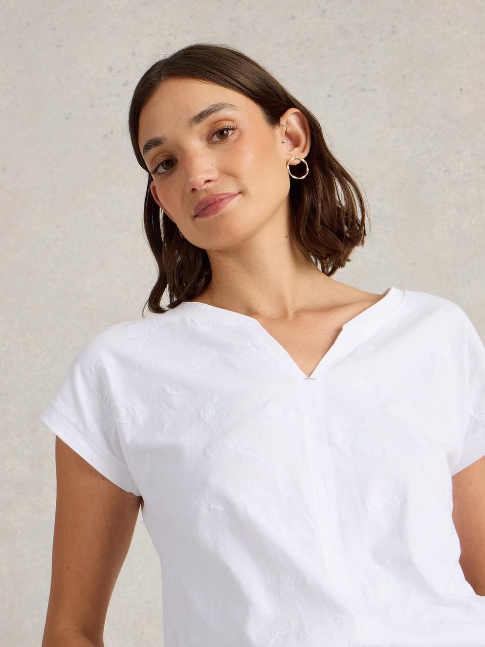 NELLY EMBROIDERED NOTCH NECK TEE in BRIL WHITE - MODEL DETAIL