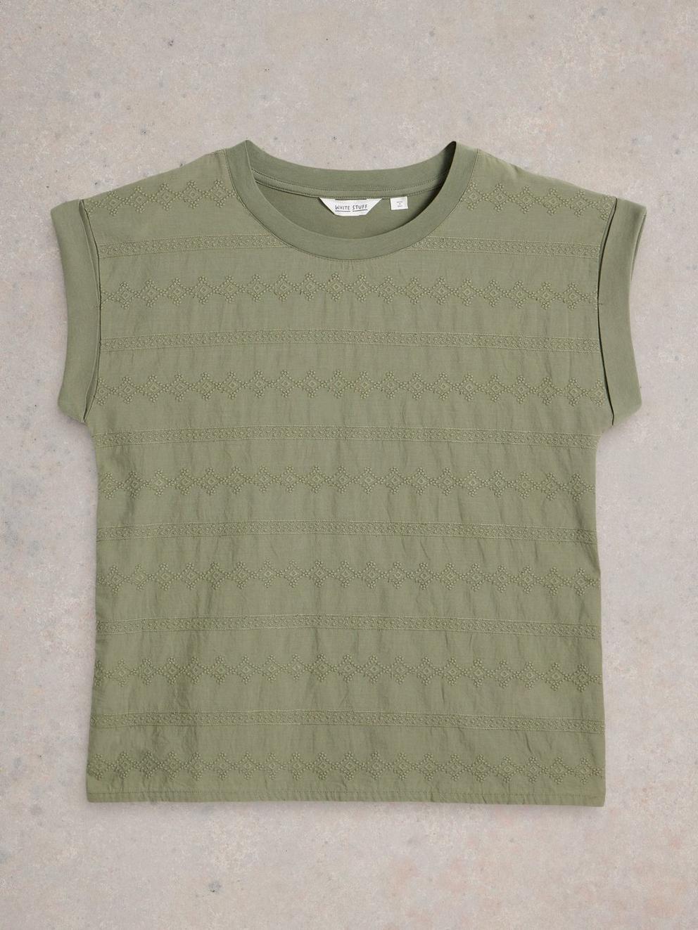 BETTY BRODERIE TEE in KHAKI GRN - FLAT FRONT