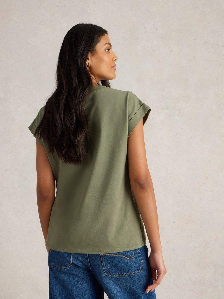 BETTY BRODERIE TEE in KHAKI GRN - MODEL BACK