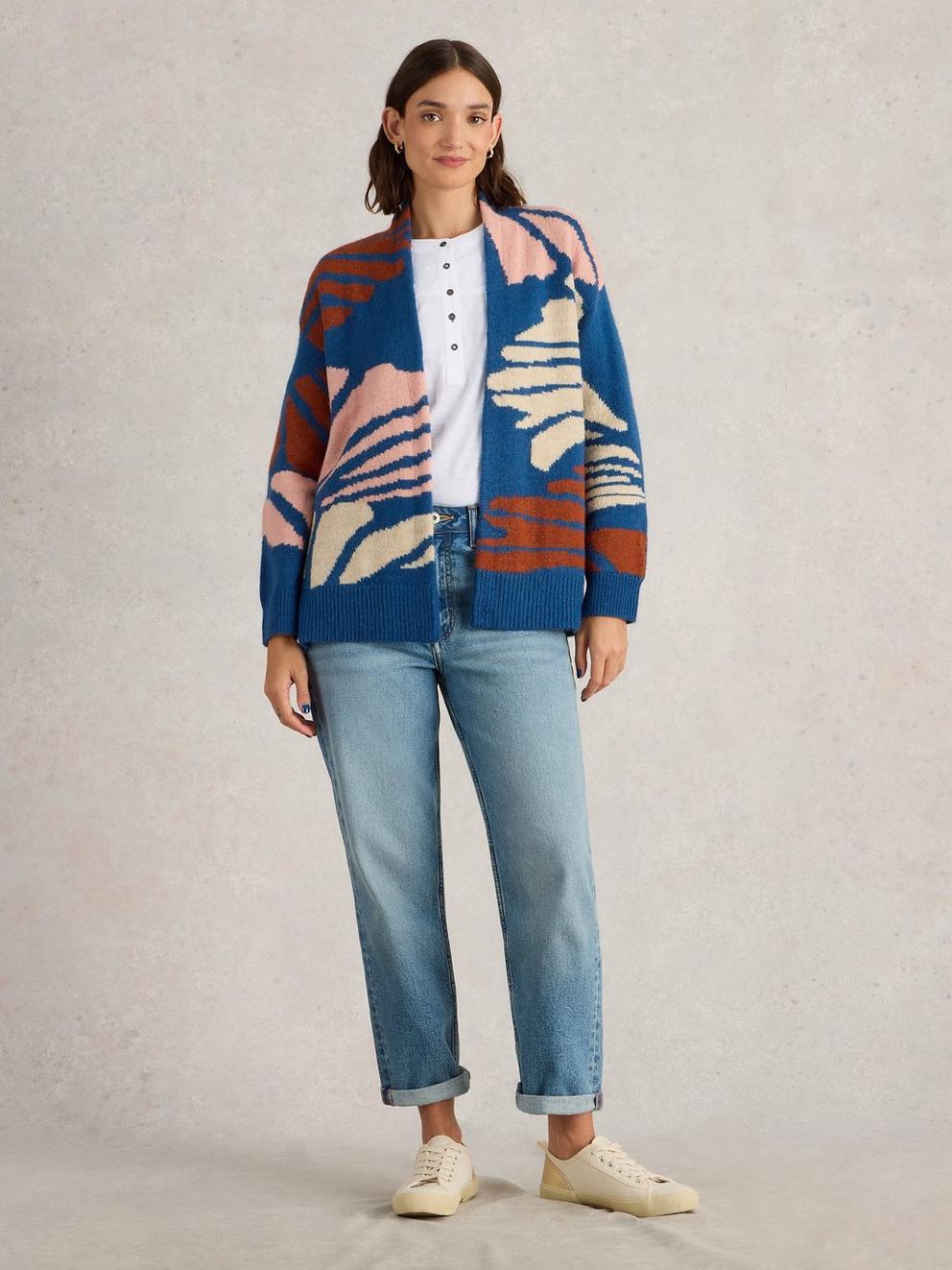 LOUISA LONGLINE CARDI in BLUE MLT - MODEL FRONT