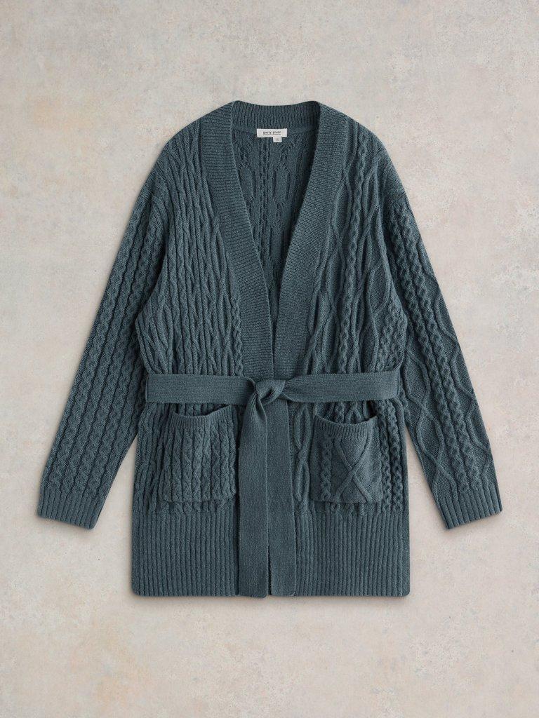 CABLE BELTED CARDIGAN in MID BLUE - FLAT FRONT