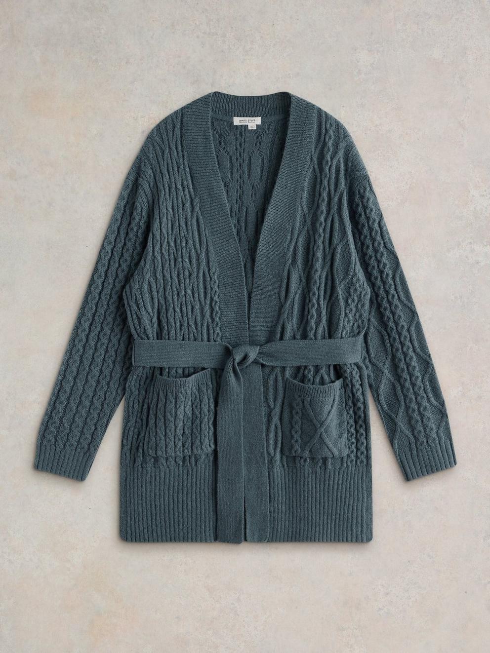CABLE BELTED CARDIGAN in MID BLUE - FLAT FRONT