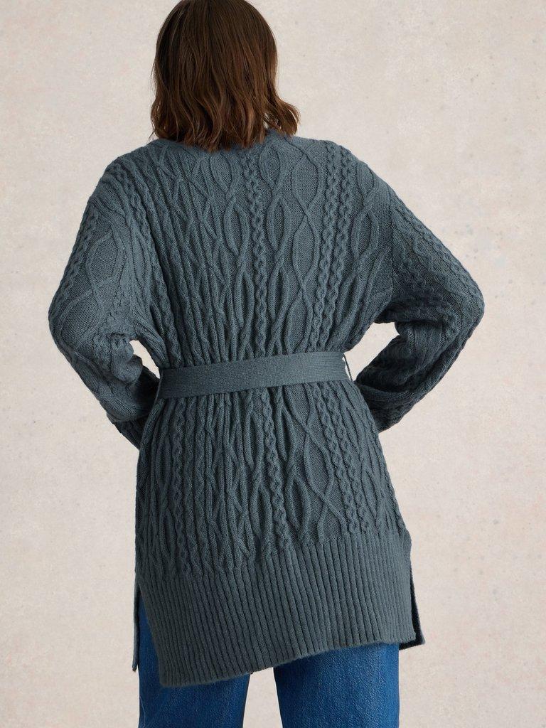 CABLE BELTED CARDIGAN in MID BLUE - MODEL BACK