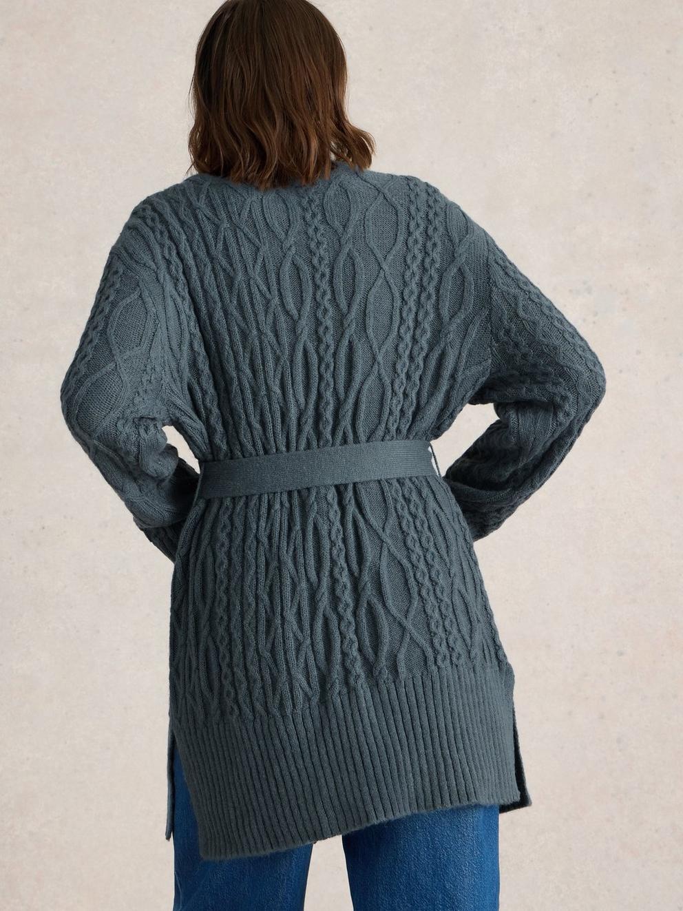 CABLE BELTED CARDIGAN in MID BLUE - MODEL BACK