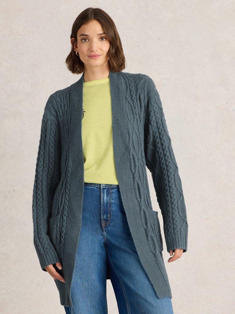 CABLE BELTED CARDIGAN in MID BLUE - MODEL DETAIL