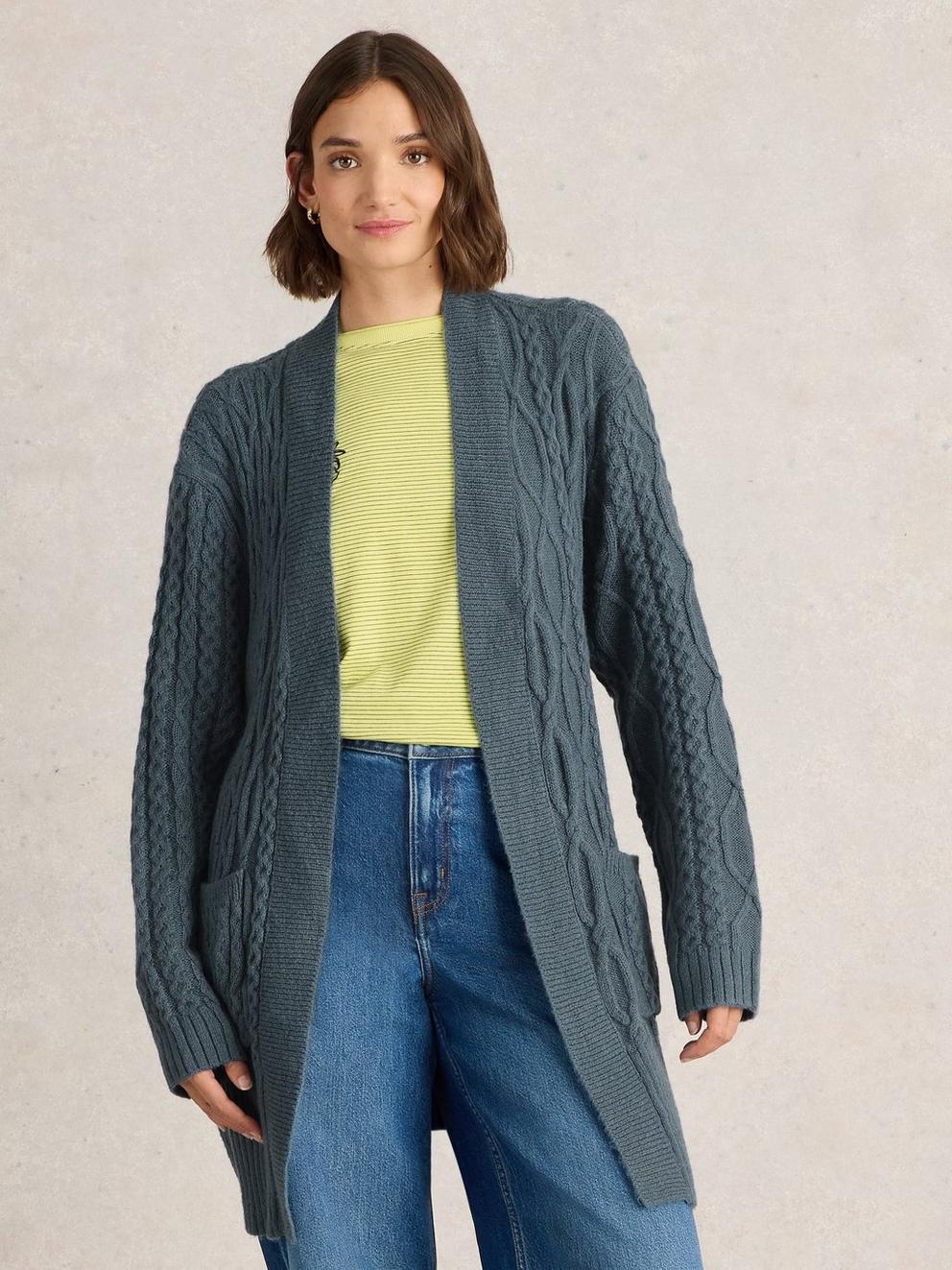 CABLE BELTED CARDIGAN in MID BLUE - MODEL DETAIL