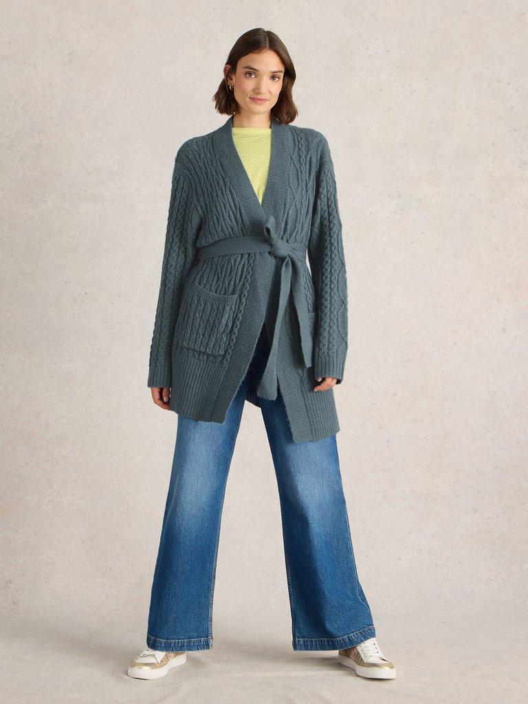 CABLE BELTED CARDIGAN in MID BLUE - MODEL FRONT