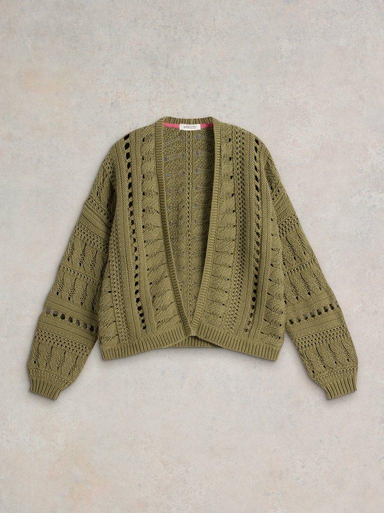 CASEY CROCHET CARDI in KHAKI GRN - FLAT FRONT