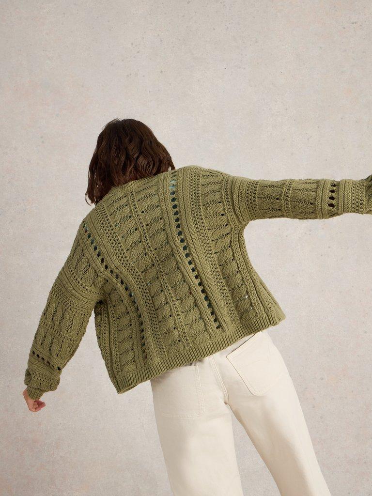 CASEY CROCHET CARDI in KHAKI GRN - MODEL BACK