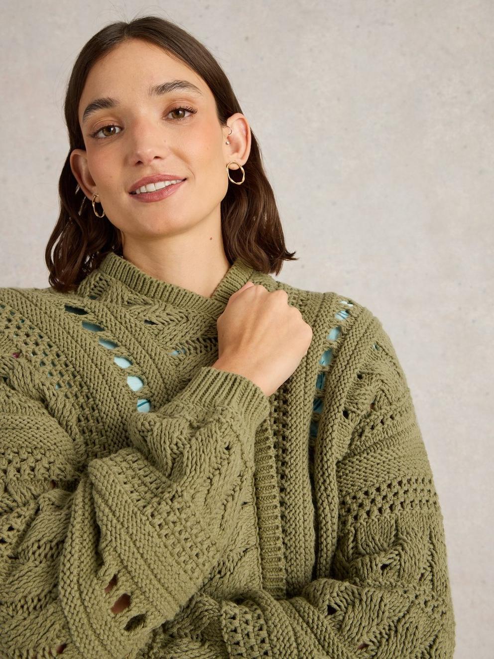 CASEY CROCHET CARDI in KHAKI GRN - MODEL DETAIL