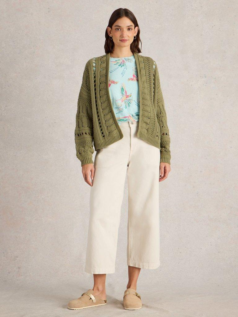 CASEY CROCHET CARDI in KHAKI GRN - MODEL FRONT