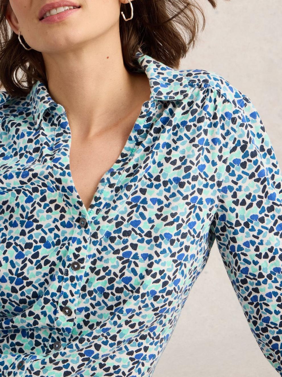 ANNIE COLLARED JERSEY SHIRT in BLUE MLT - MODEL DETAIL