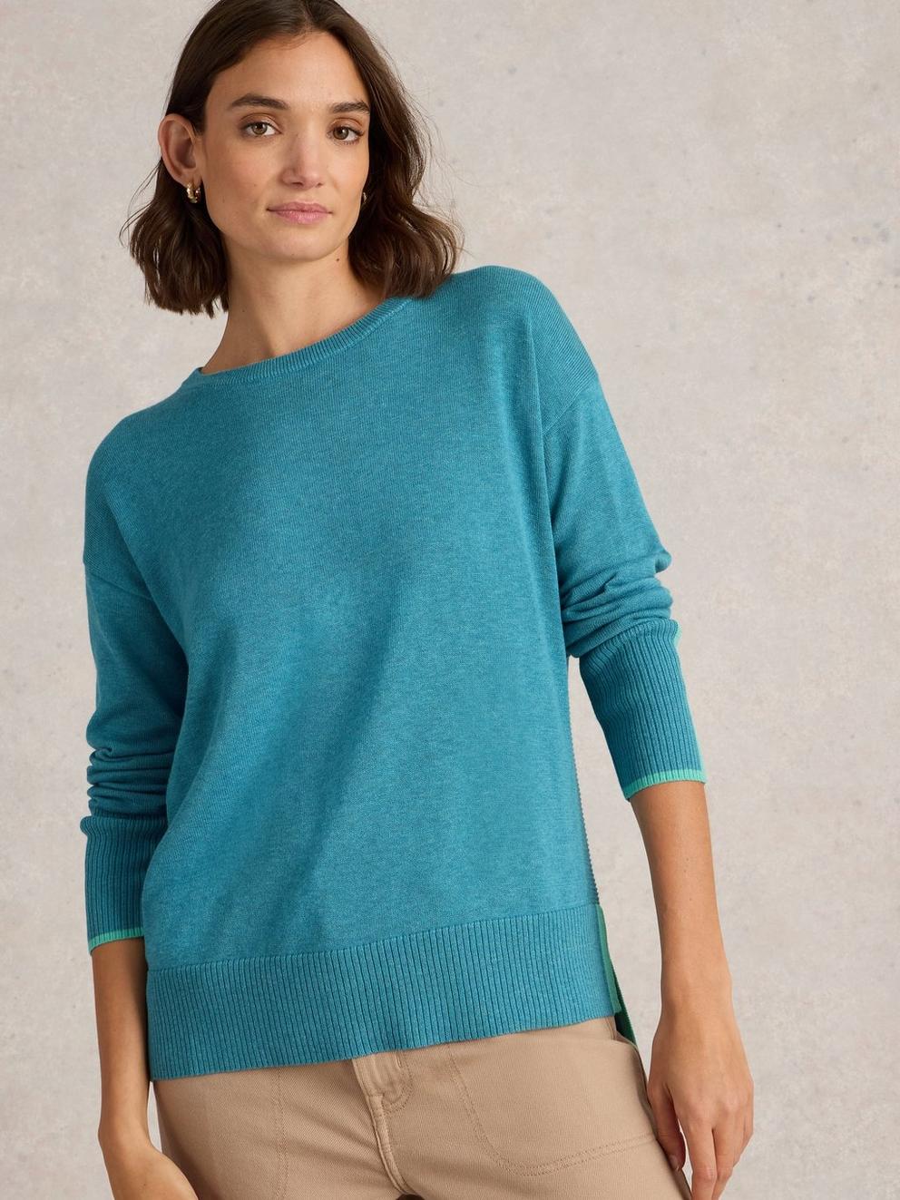 OLIVE LONG SLEEVE JUMPER in MID BLUE - LIFESTYLE