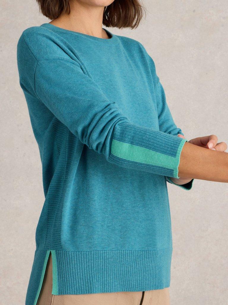 OLIVE LONG SLEEVE JUMPER in MID BLUE - MODEL DETAIL