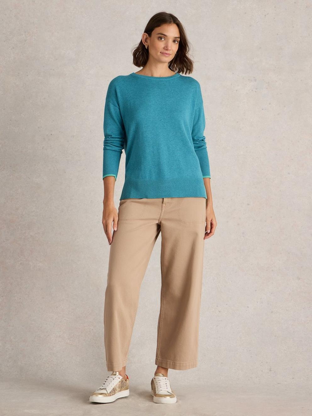 OLIVE LONG SLEEVE JUMPER in MID BLUE - MODEL FRONT