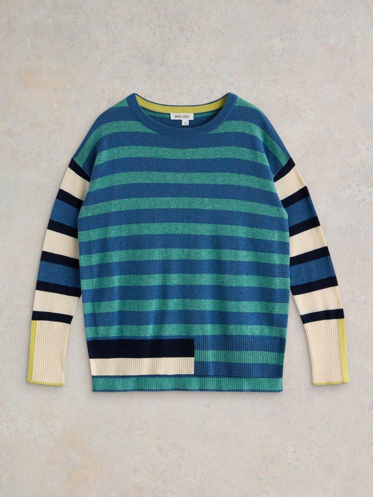 OLIVE STRIPE CREW NECK JUMPER in BLUE MLT - FLAT FRONT
