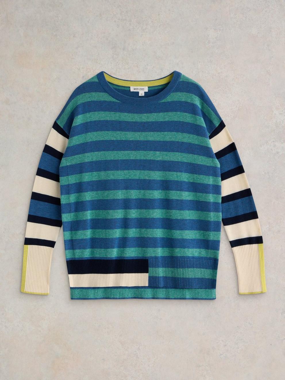 OLIVE STRIPE CREW NECK JUMPER in BLUE MLT - FLAT FRONT