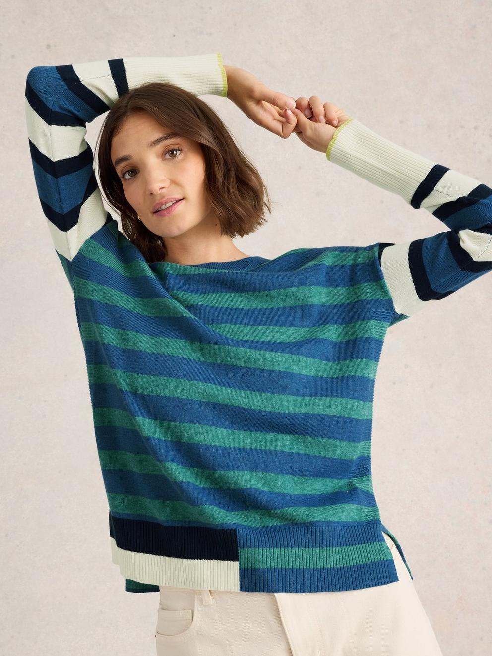 OLIVE STRIPE CREW NECK JUMPER in BLUE MLT - LIFESTYLE