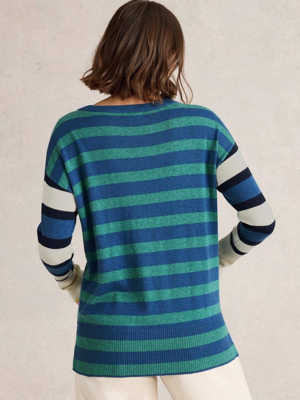 OLIVE STRIPE CREW NECK JUMPER in BLUE MLT - MODEL BACK