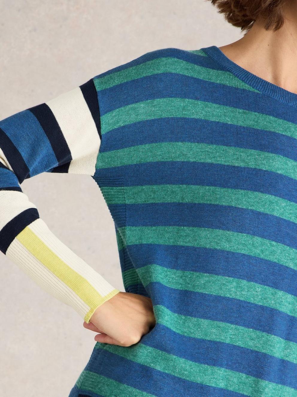 OLIVE STRIPE CREW NECK JUMPER in BLUE MLT - MODEL DETAIL