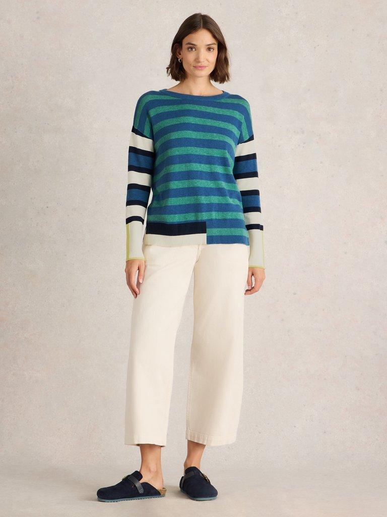 OLIVE STRIPE CREW NECK JUMPER in BLUE MLT - MODEL FRONT