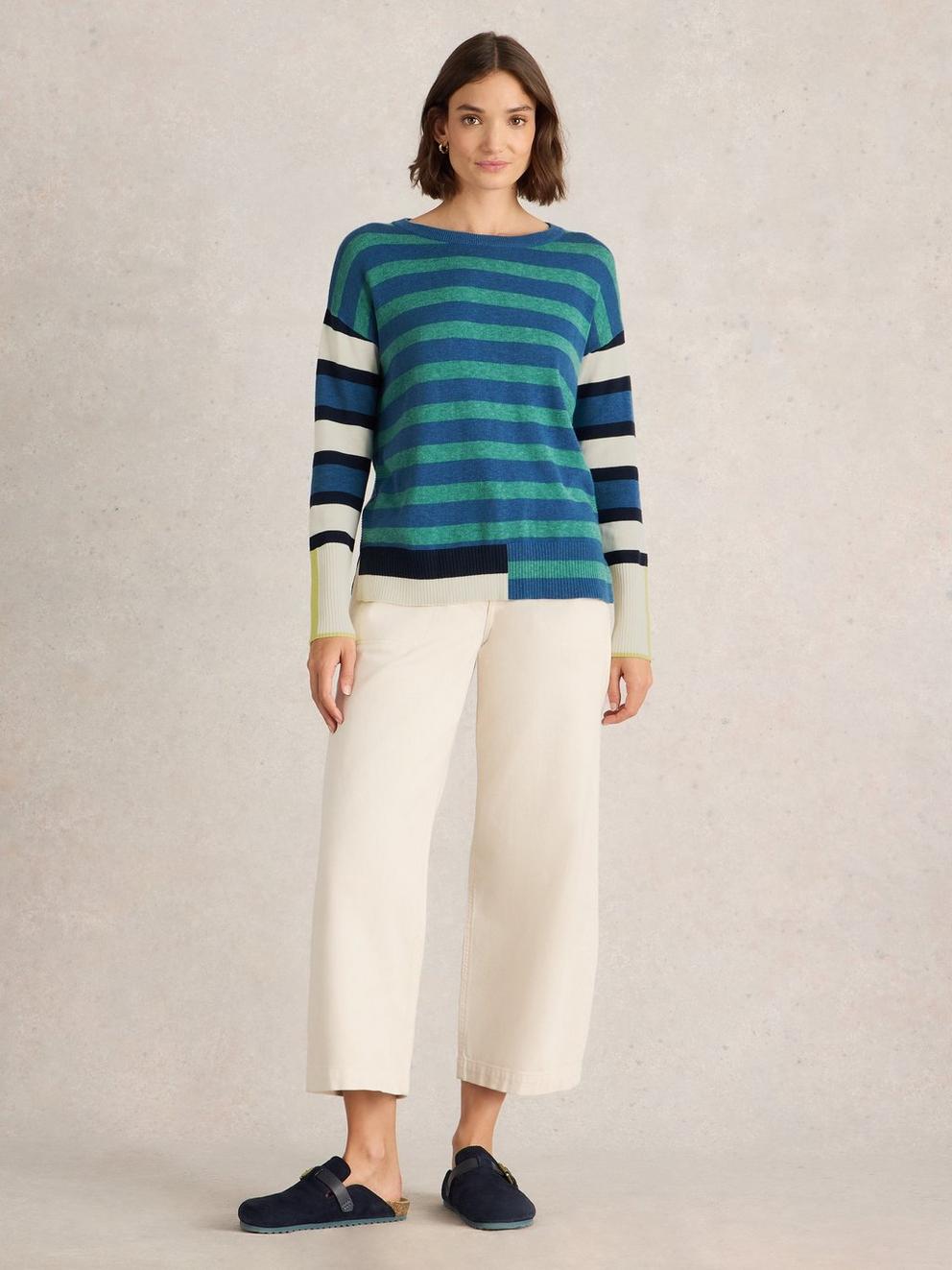 OLIVE STRIPE CREW NECK JUMPER in BLUE MLT - MODEL FRONT
