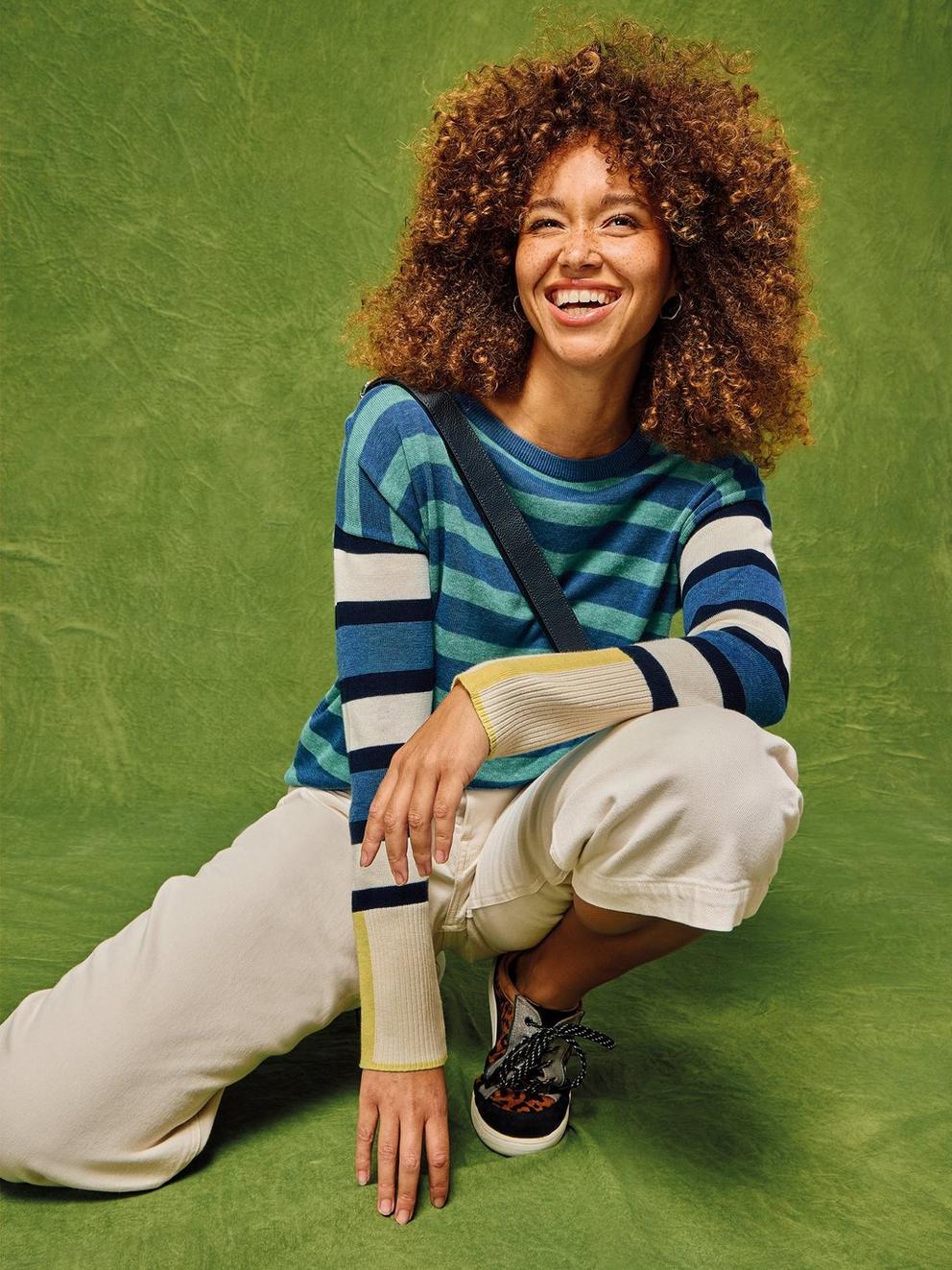 OLIVE STRIPE CREW NECK JUMPER in BLUE MLT - MIXED