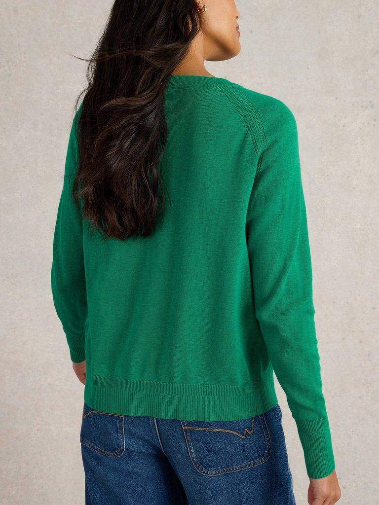 LULU CREW NECK CARDI in BRT GREEN - MODEL BACK