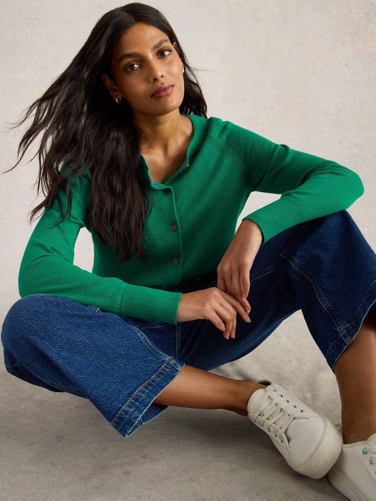 LULU CREW NECK CARDI in BRT GREEN - MODEL DETAIL