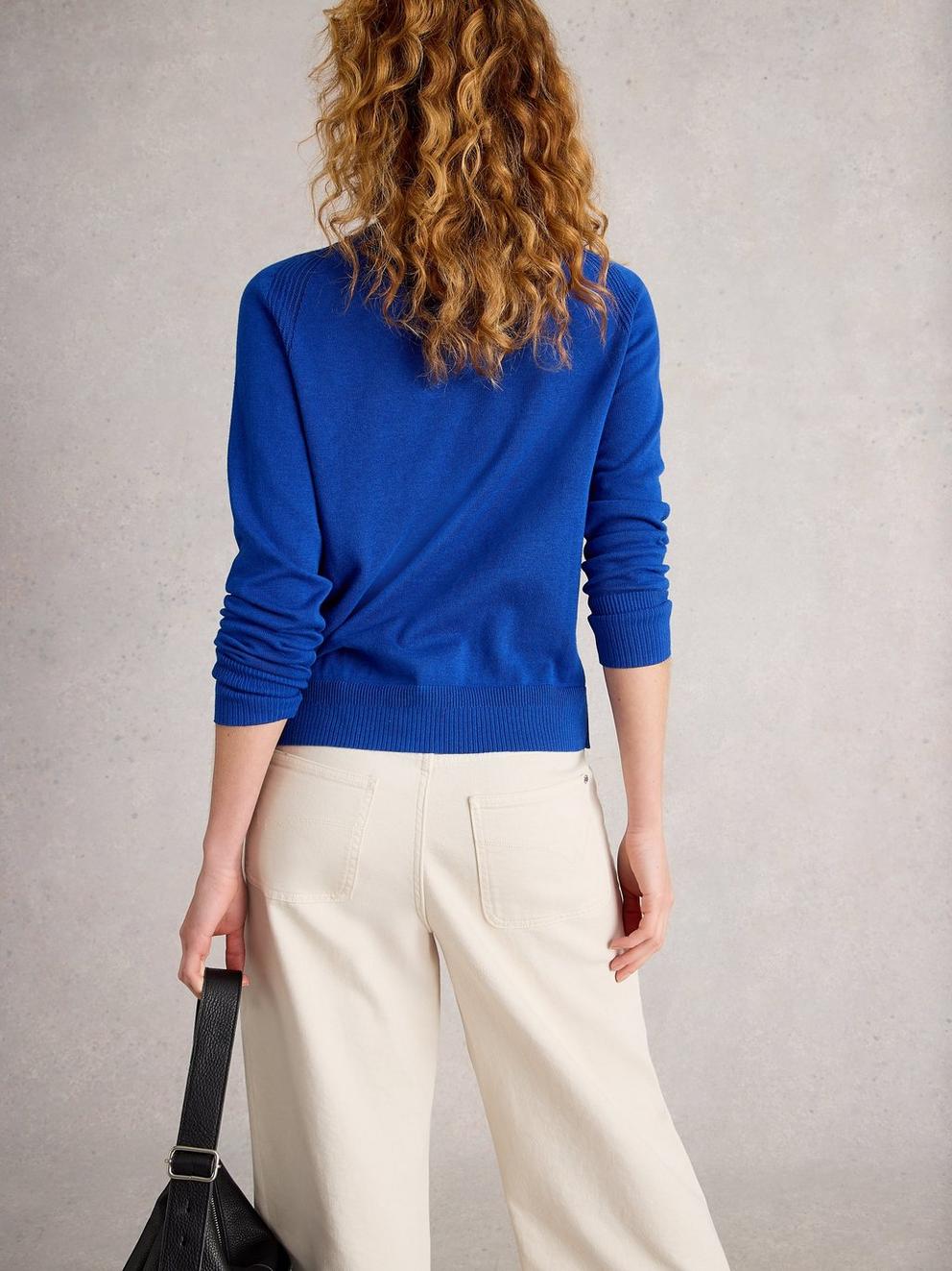 LULU CREW NECK CARDI in DEEP BLUE - MODEL BACK