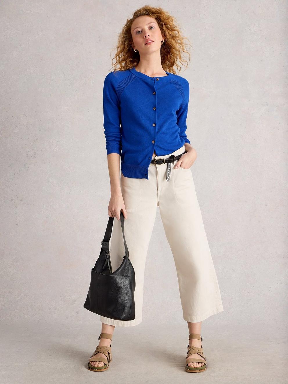 LULU CREW NECK CARDI in DEEP BLUE - MODEL FRONT